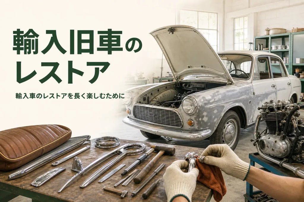 輸入車のレストアを紹介する記事のアイキャッチ。ガレージの上品な欧州クラシックセダンと磨いた部品
