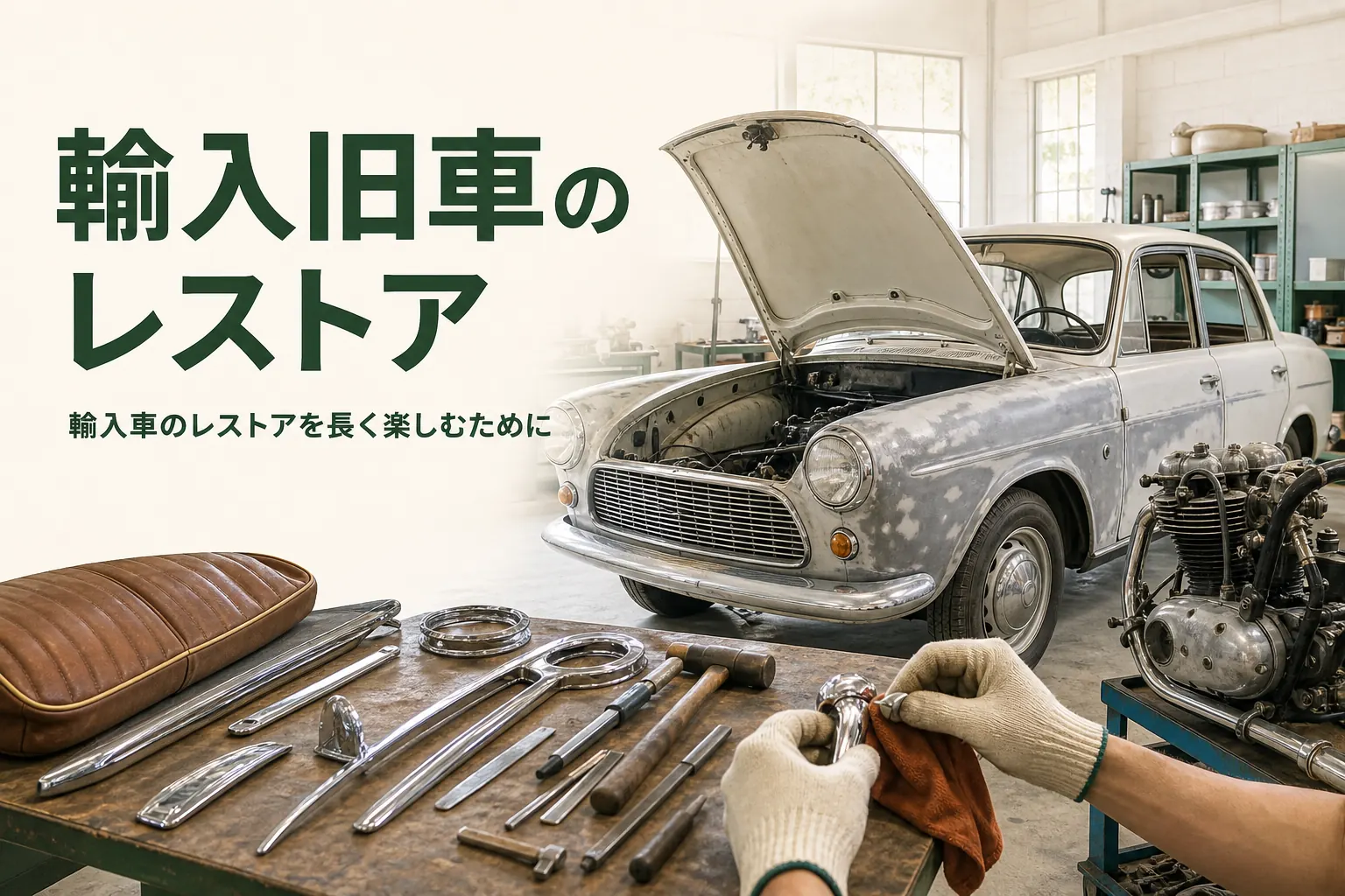 輸入車のレストアを紹介する記事のアイキャッチ。ガレージの上品な欧州クラシックセダンと磨いた部品