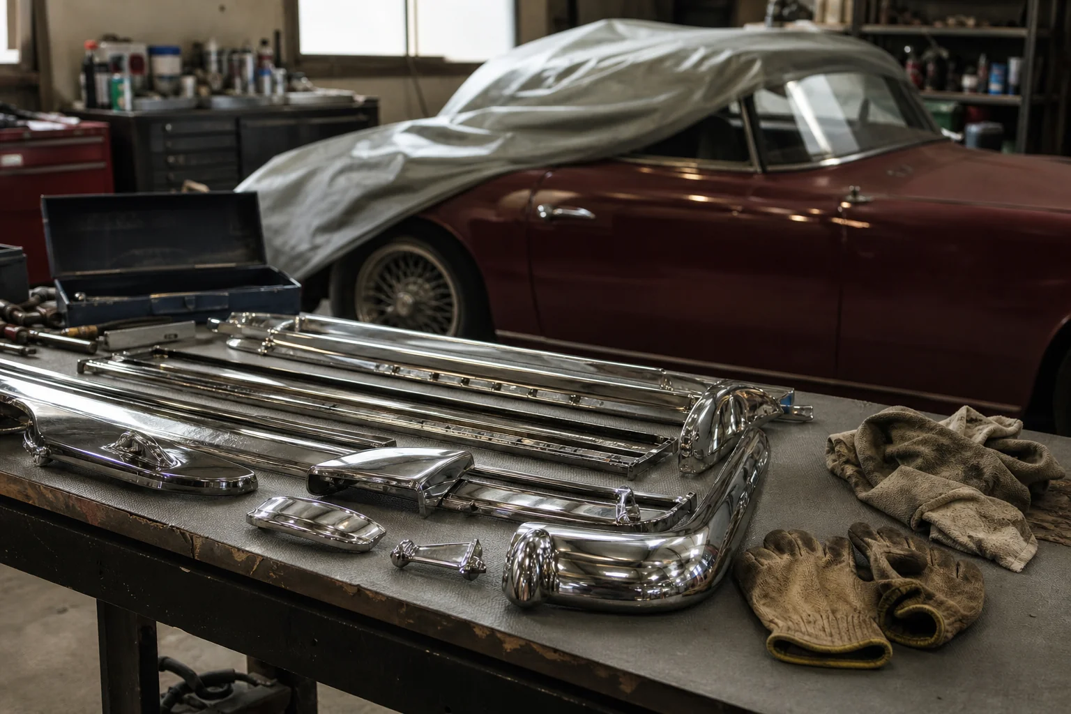 作業台に並べた磨いためっきのバンパーやモールと、ガレージで作業を待つ古い輸入車