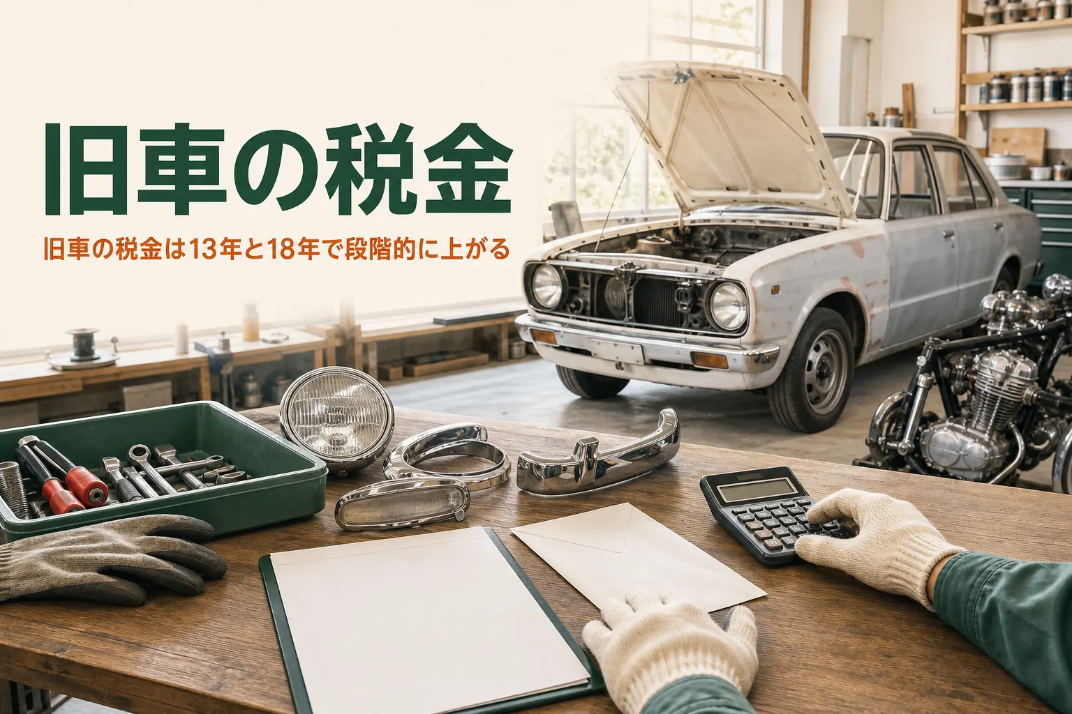 旧車の税金が13年超・18年超でどう変わるかを解説する記事のアイキャッチ。ガレージの古い車と作業台の封筒と電卓